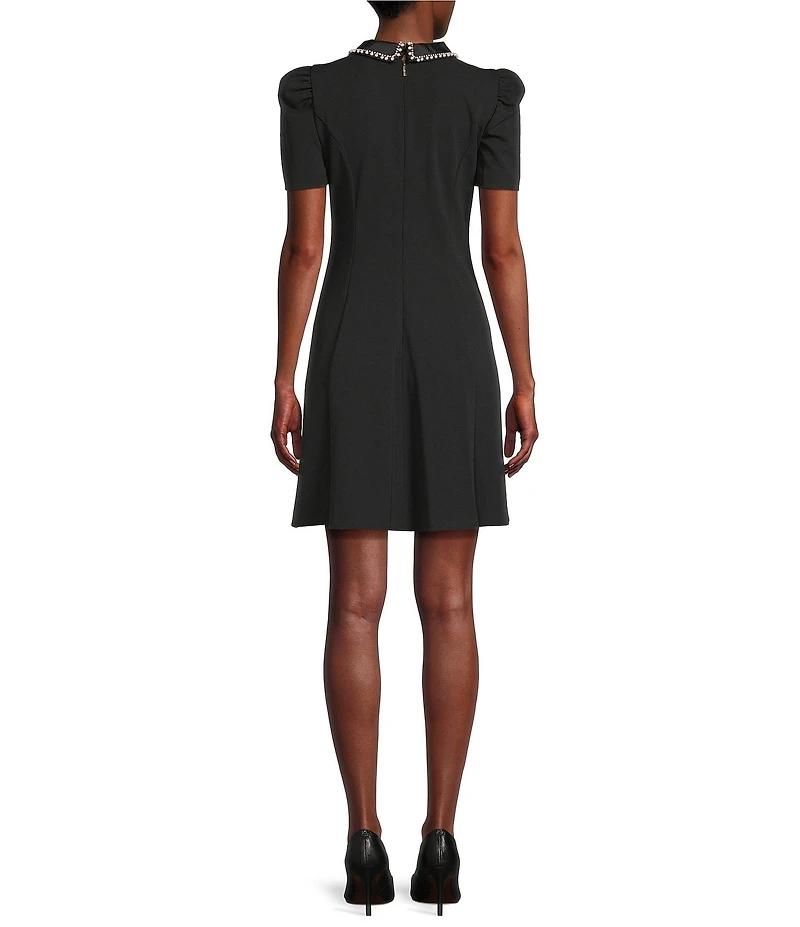 KARL LAGERFELD PARIS Short Sleeve Scuba Embellished Peter Pan Collar Fit and Flare Dress