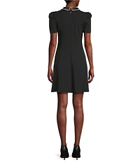 KARL LAGERFELD PARIS Short Sleeve Scuba Embellished Peter Pan Collar Fit and Flare Dress