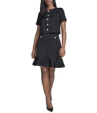 Karl Lagerfeld Paris Short Sleeve Tweed Flower Button Pop-Over Dress