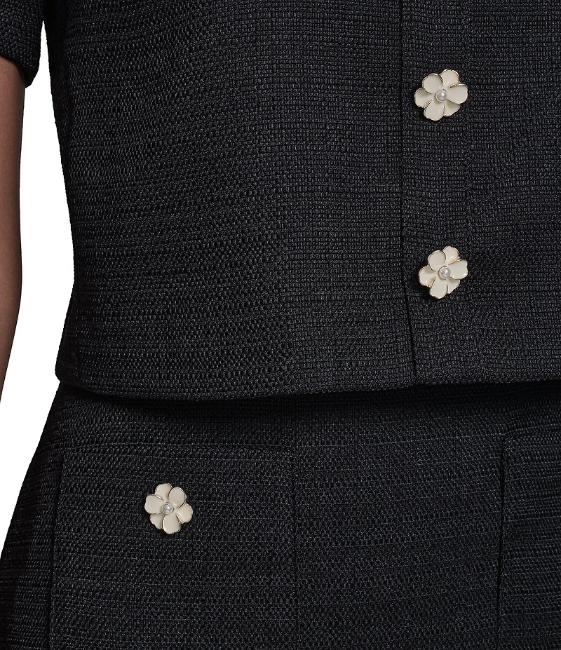 Karl Lagerfeld Paris Short Sleeve Tweed Flower Button Pop-Over Dress