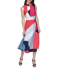 KARL LAGERFELD PARIS Silky Crepe Abstract Print Halter Neck Sleeveless Blouson Midi Dress