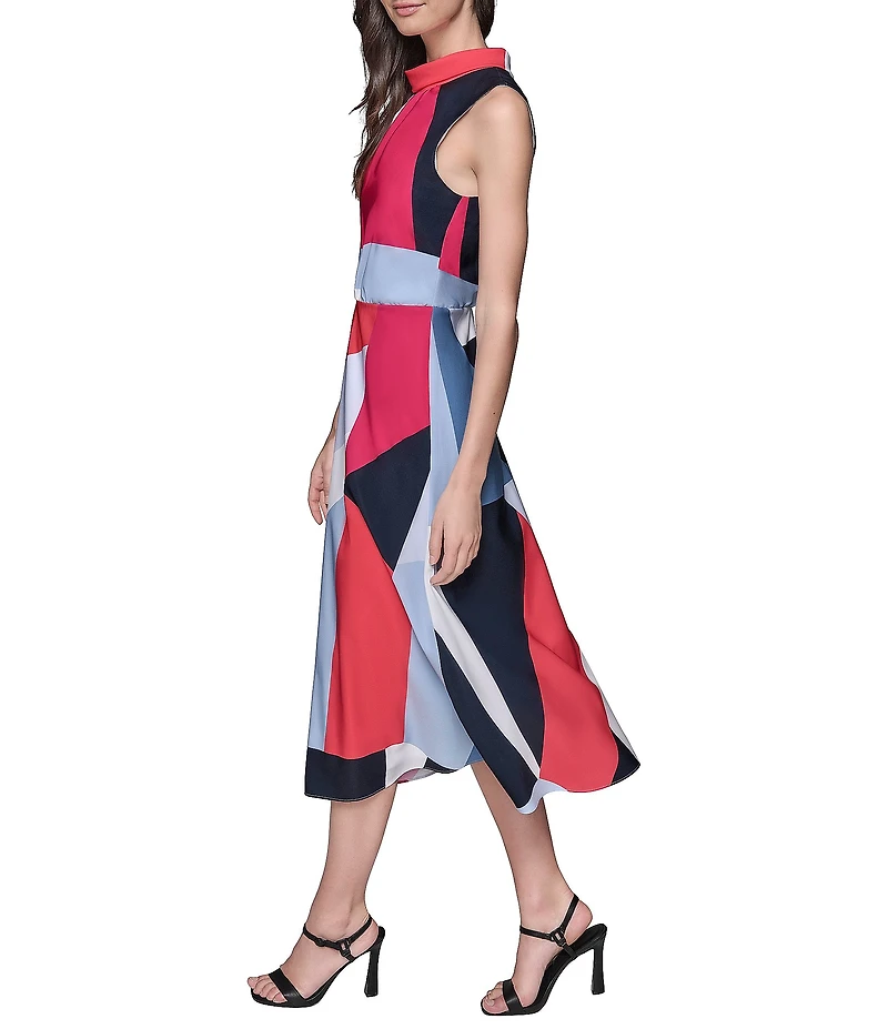 KARL LAGERFELD PARIS Silky Crepe Abstract Print Halter Neck Sleeveless Blouson Midi Dress