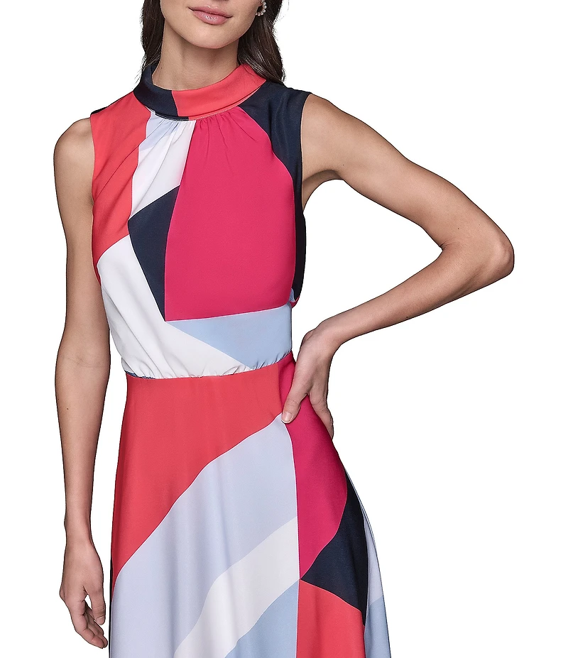 KARL LAGERFELD PARIS Silky Crepe Abstract Print Halter Neck Sleeveless Blouson Midi Dress
