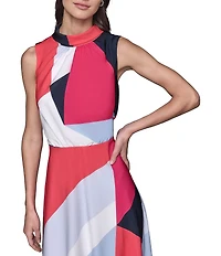 KARL LAGERFELD PARIS Silky Crepe Abstract Print Halter Neck Sleeveless Blouson Midi Dress