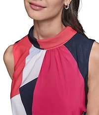 KARL LAGERFELD PARIS Silky Crepe Abstract Print Halter Neck Sleeveless Blouson Midi Dress