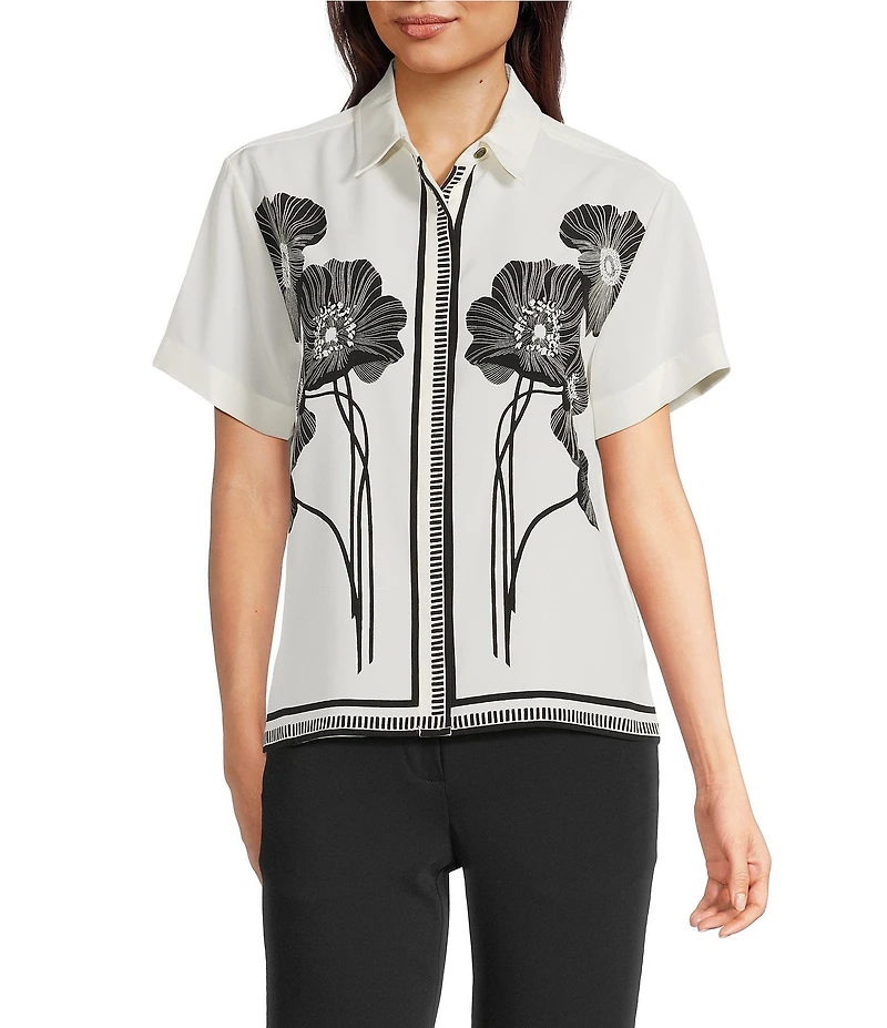 KARL LAGERFELD PARIS Silky Crepe Floral Print Point Collar Short Sleeve Button Front Shirt