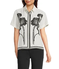 KARL LAGERFELD PARIS Silky Crepe Floral Print Point Collar Short Sleeve Button Front Shirt