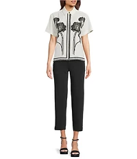 KARL LAGERFELD PARIS Silky Crepe Floral Print Point Collar Short Sleeve Button Front Shirt