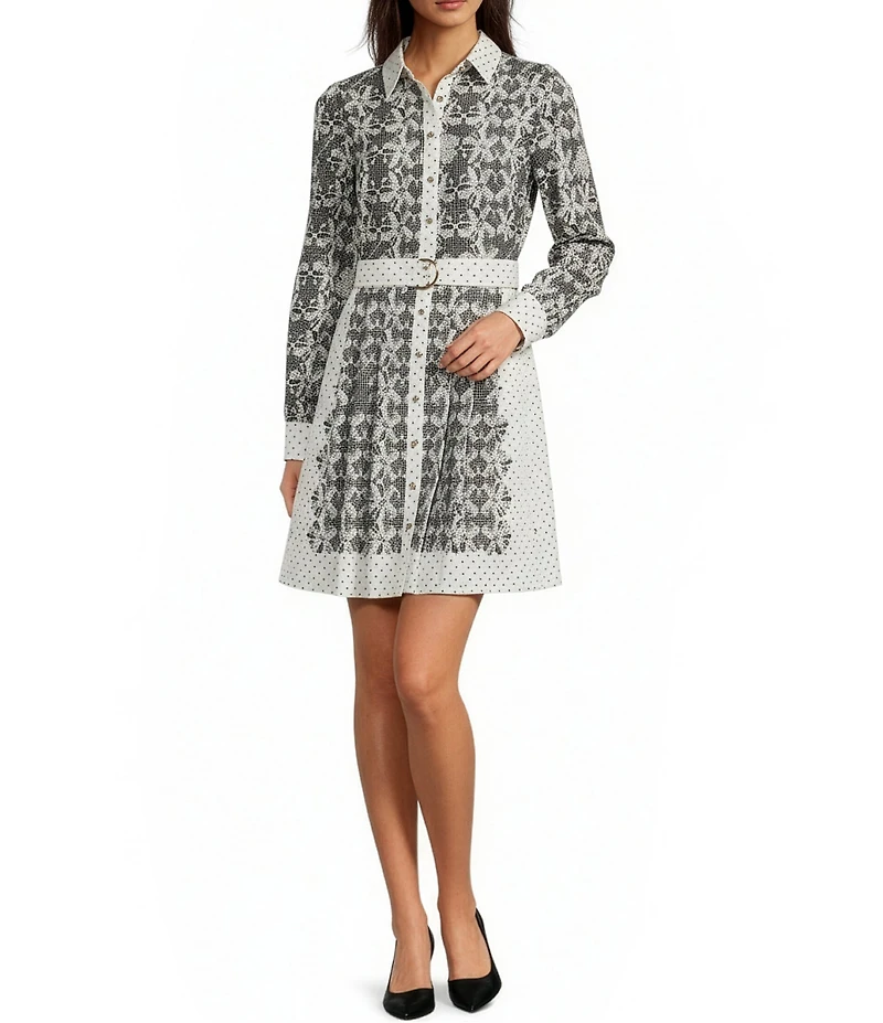 KARL LAGERFELD PARIS Silky Crepe Printed Point Collar Long Sleeve Shirt Dress