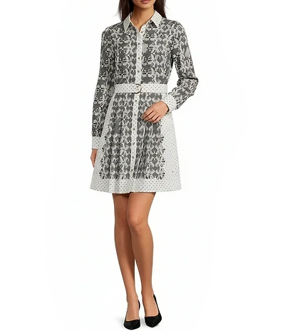 KARL LAGERFELD PARIS Silky Crepe Printed Point Collar Long Sleeve Shirt Dress