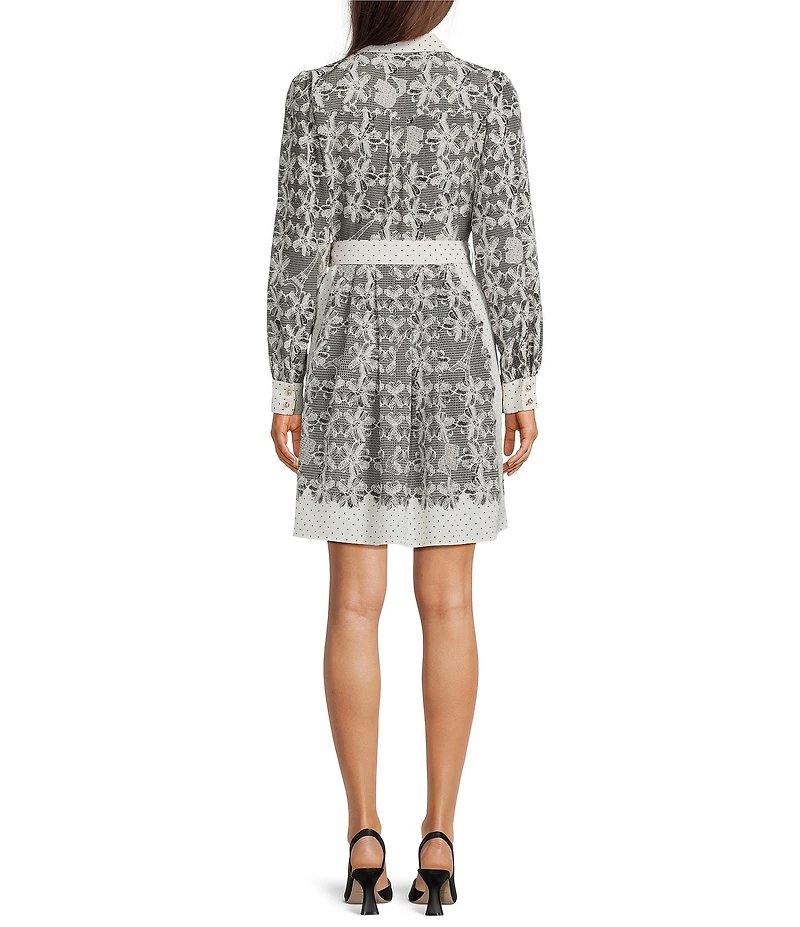 KARL LAGERFELD PARIS Silky Crepe Printed Point Collar Long Sleeve Shirt Dress