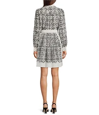 KARL LAGERFELD PARIS Silky Crepe Printed Point Collar Long Sleeve Shirt Dress