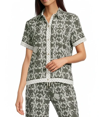 KARL LAGERFELD PARIS Silky Crepe Printed Spread Collar Short Sleeve Coordinating Camp Shirt