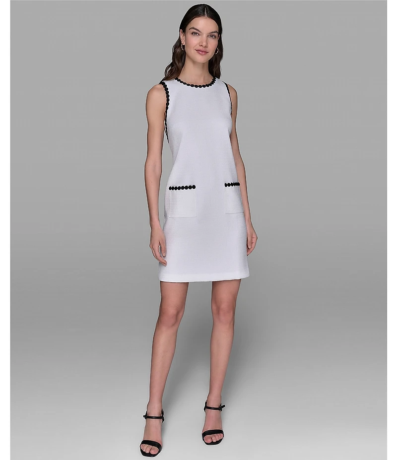 KARL LAGERFELD PARIS Sleeveless Contrast Trim Faux Tweed Dress