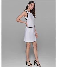 KARL LAGERFELD PARIS Sleeveless Contrast Trim Faux Tweed Dress