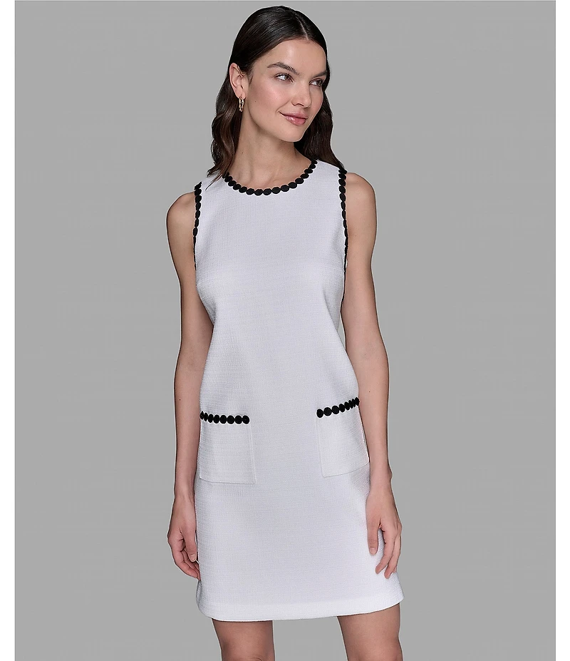 KARL LAGERFELD PARIS Sleeveless Contrast Trim Faux Tweed Dress