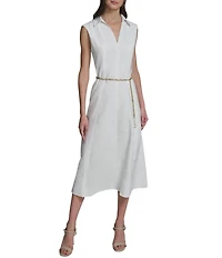 Karl Lagerfeld Paris Sleeveless Subtle Floral Print Belted Ottoman Midi Dress