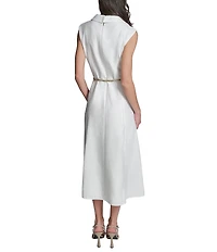 Karl Lagerfeld Paris Sleeveless Subtle Floral Print Belted Ottoman Midi Dress