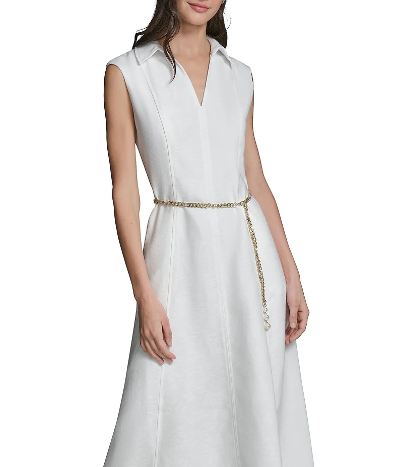 Karl Lagerfeld Paris Sleeveless Subtle Floral Print Belted Ottoman Midi Dress