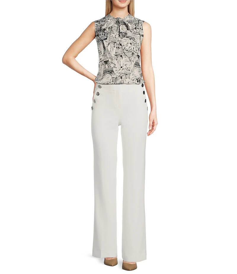 KARL LAGERFELD PARIS Sleeveless Tie Neck Printed Button Front Blouse