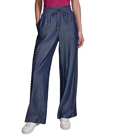 KARL LAGERFELD PARIS Soft Chambray Straight Leg Scallop Trim Pants