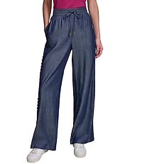 KARL LAGERFELD PARIS Soft Chambray Straight Leg Scallop Trim Pants