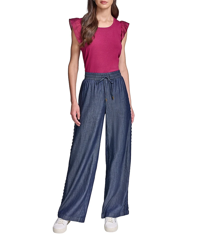 KARL LAGERFELD PARIS Soft Chambray Straight Leg Scallop Trim Pants