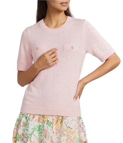 KARL LAGERFELD PARIS Solid Ribbed Knit Crew Neck Short Sleeve Sweater Top