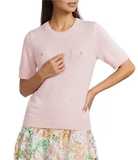 KARL LAGERFELD PARIS Solid Ribbed Knit Crew Neck Short Sleeve Sweater Top