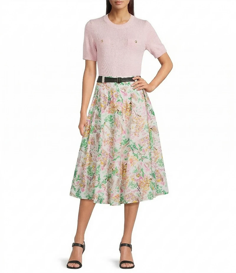 KARL LAGERFELD PARIS Solid Ribbed Knit Crew Neck Short Sleeve Sweater Top