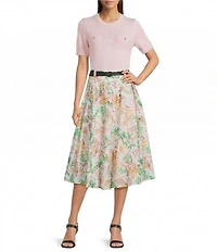 KARL LAGERFELD PARIS Solid Ribbed Knit Crew Neck Short Sleeve Sweater Top