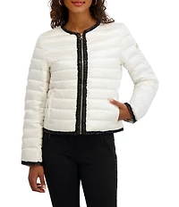 KARL LAGERFELD PARIS Solid Ruffle Collarless Water Resistant Zip Front Puffer Jacket