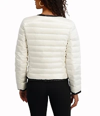 KARL LAGERFELD PARIS Solid Ruffle Collarless Water Resistant Zip Front Puffer Jacket