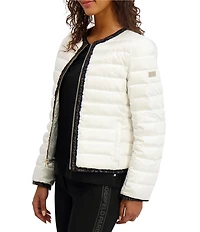 KARL LAGERFELD PARIS Solid Ruffle Collarless Water Resistant Zip Front Puffer Jacket