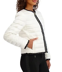 KARL LAGERFELD PARIS Solid Ruffle Collarless Water Resistant Zip Front Puffer Jacket