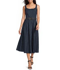 KARL LAGERFELD PARIS Square Neck Belted Stretch Twill Midi Dress