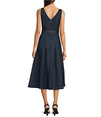 KARL LAGERFELD PARIS Square Neck Belted Stretch Twill Midi Dress