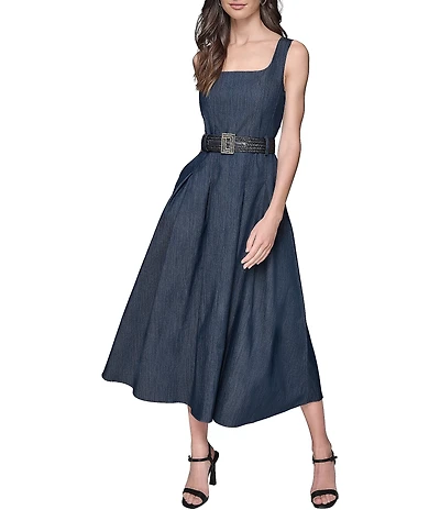 KARL LAGERFELD PARIS Square Neck Belted Stretch Twill Midi Dress