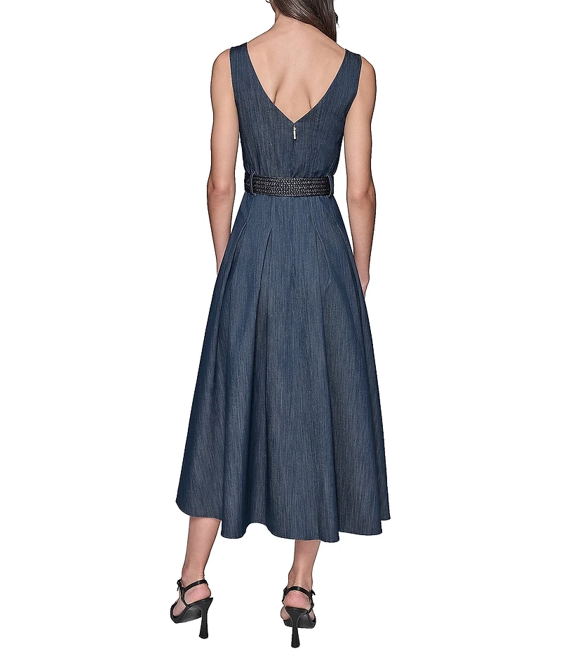 KARL LAGERFELD PARIS Square Neck Belted Stretch Twill Midi Dress