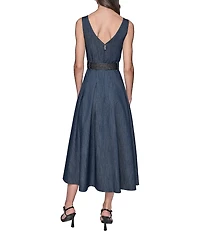 KARL LAGERFELD PARIS Square Neck Belted Stretch Twill Midi Dress