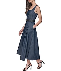 KARL LAGERFELD PARIS Square Neck Belted Stretch Twill Midi Dress