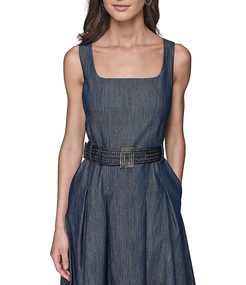 KARL LAGERFELD PARIS Square Neck Belted Stretch Twill Midi Dress