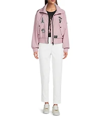 KARL LAGERFELD PARIS Stand Collar Long Sleeve Patch Logo Print Bomber Jacket