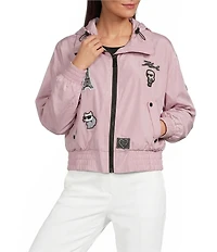 KARL LAGERFELD PARIS Stand Collar Long Sleeve Patch Logo Print Bomber Jacket