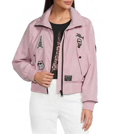 KARL LAGERFELD PARIS Stand Collar Long Sleeve Patch Logo Print Bomber Jacket