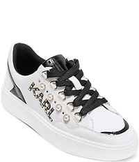 KARL LAGERFELD PARIS Stazie Leather Pearl Studded Lace Up Sneakers