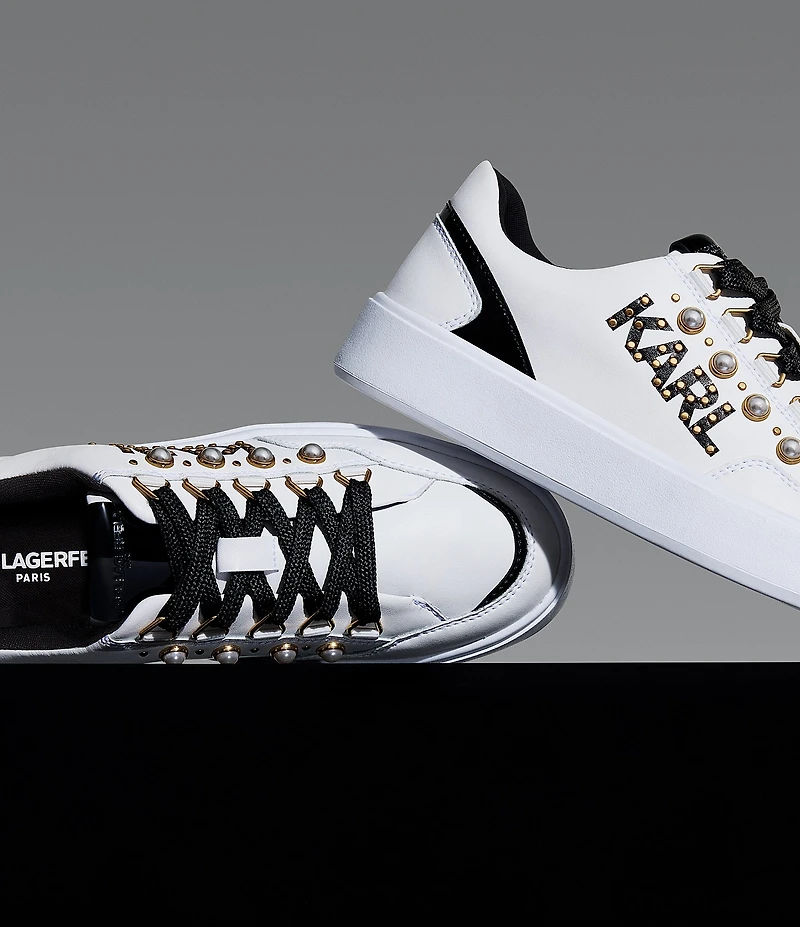 KARL LAGERFELD PARIS Stazie Leather Pearl Studded Lace Up Sneakers