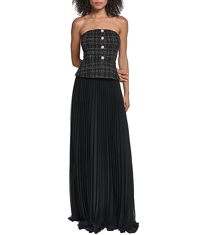 KARL LAGERFELD PARIS Strapless Tweed Bodice Chiffon Pleated Skirt Long Dress