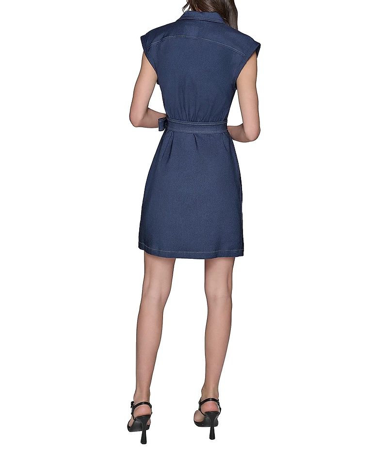 KARL LAGERFELD PARIS Stretch Denim Johnny Collar Cap Sleeve Belted Button Front Shirt Dress