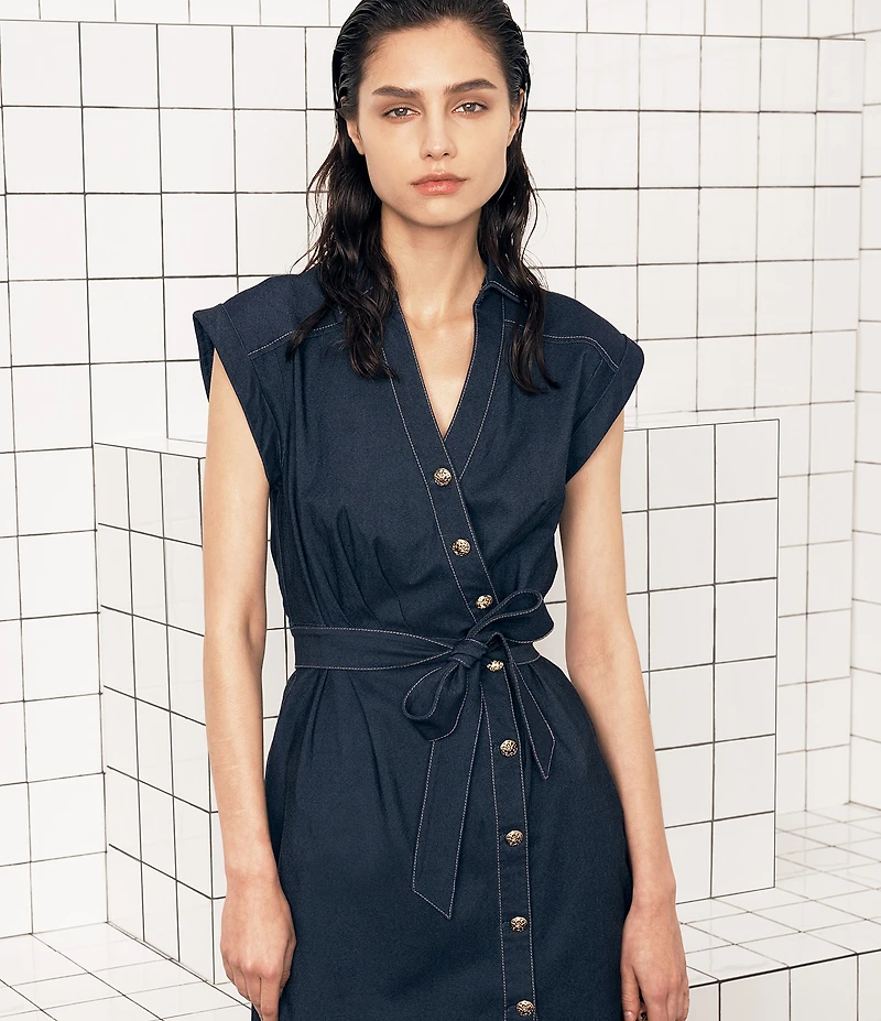 KARL LAGERFELD PARIS Stretch Denim Johnny Collar Cap Sleeve Belted Button Front Shirt Dress